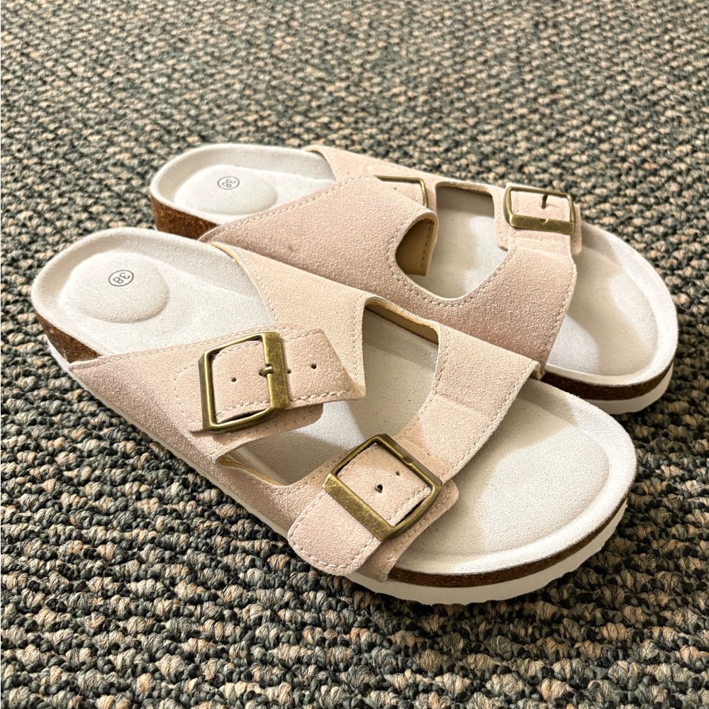 Beige Suede Double Buckle Sandals